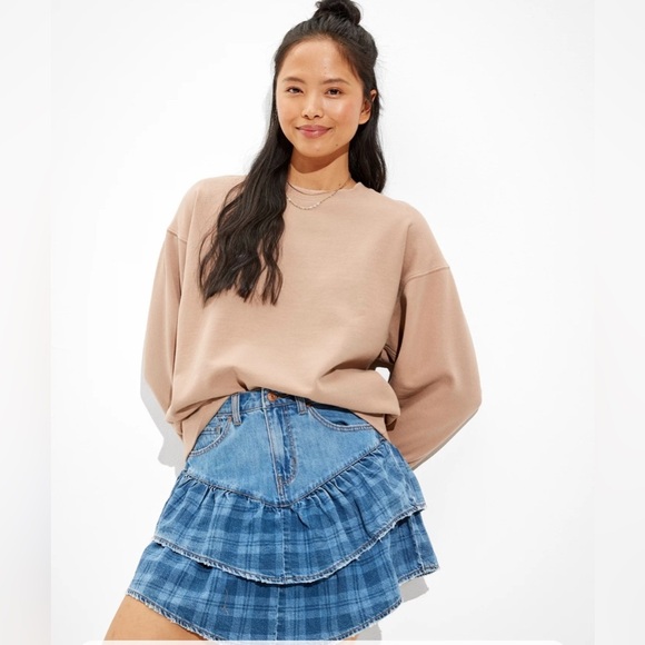 Women’s American Eagle Plaid Tiered Ruffle Denim Skirt Size 6 - Picture 1 of 16